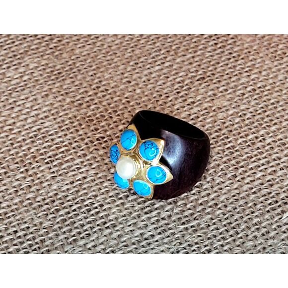 Vintage Mahogany Hardwood Wooden Shank Genuine Pearl, Faux Turquoise 80's Ring - Picture 8 of 9